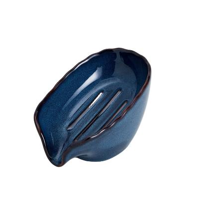 China Modern Self-Draining Holder Look Leaf-Shape For Bathroom Shower / Kitchen Ceramic Soap Dish / Countertop for sale