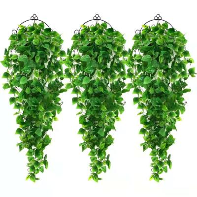 China Plastic Flowers Fake Green Wall Hanging Plant Decorative Fake Flower Rattan Hanging Basket Green Leaves Hanging for sale