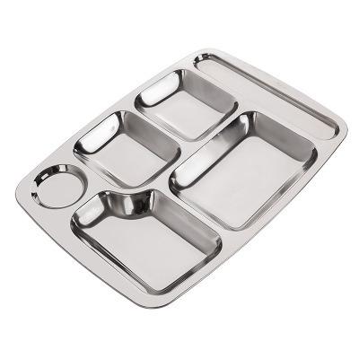 China Hot Sale Viable For School Canteen Rectangular Divided Food Tray Stainless Steel Dinner Plate Or Quick Grocery 5 Compartment Sections for sale