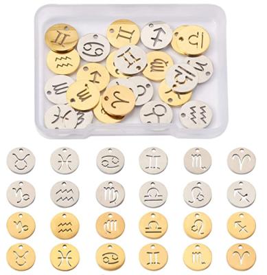 China Stainless Steel Jewelry Twelve Zodiac Sign Pendant Sets Jewelry Gold Flat Charms For DIY Bracelets Necklaces Making Finding Personalized Accessories for sale