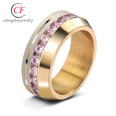 China TRENDY New Fashion Pink Crytal Pave Rings Special 8MM 925 Sterling Wedding Rings For Couples for sale