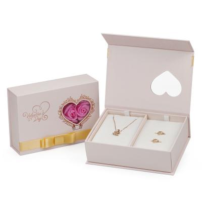 China Clear Rose Color Gift Box Valentine's Day Gift Wrapping Custom Logo Necklace Packaging Luxury Magnetic Window Clamshell Hinged Box With Ribbon for sale