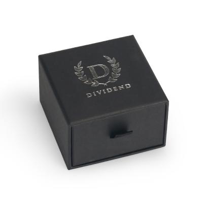 China Handmade Rigid Custom Black Color Sliding Lid Gift Box With Hot Stamp Silver Logo For Watch Packaging for sale