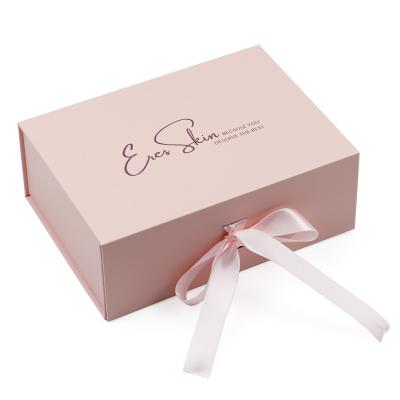 China Recyclable Pink Luxury Magnetic Closure Folding Logo Costom Box Packaging Gift Box Rigid Box With Ribbon for sale