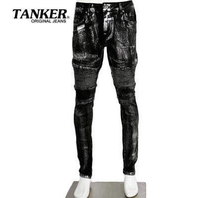 China Breathable Customized Silver Foil Coated Stretch Denim Mens Biker Jeans for sale