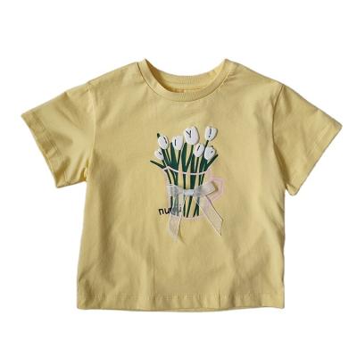 China Summer Children Bouquet Pattern Girl Clothing Cotton T-shirt Short Sleeve Anti-Shrink Sundry T-shirt 1-5 Years Old Babies Wear for sale