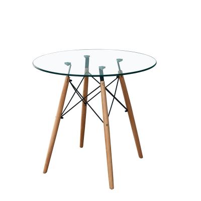 China modern round glass dining table for sale with wooden legs for sale