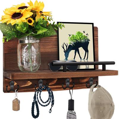 China Contemporary Rustic Wooden Farmhouse Key Rack Post For Wall With Shelf for sale