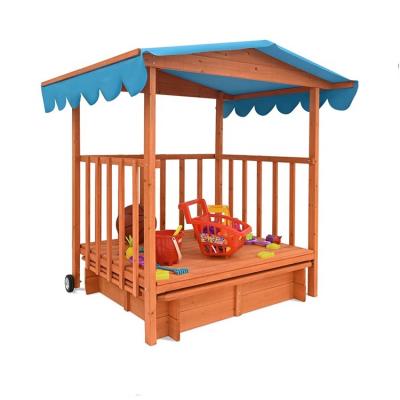 China Outdoor Playground Ourdoor Garden Toys Kids Wooden Sandbox Bench With Canopy Roof Cover for sale