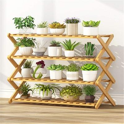 China Best Price 3-Tier Modern Natural Foldable Bamboo Plant Organizer Flower Rack Planter Display Stand for sale