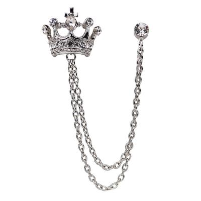 China Wholesale Vintage Luxury Crystal Crown Chain Pin For Men's Lapel Pin Collar Badge Brooch Jewelry Fits Accessories for sale