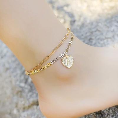 China Women Style Amazon Hot Sale Double Layered Anklet For Women 14K Gold Plated Cute Letter Heart Charm Ladies Summer Gold Fashion Anklets for sale