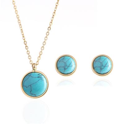 China 2021 TRENDY Updated Stainless Steel Round Cat Eye Turquoise Earrings Necklace Set For Women Vintage Turquoise Jewelry for sale