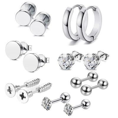 China Amazon FASHIONABLE Hot Sale New Round Men's Earring Set Wholesale Black Silver Color Stainless Steel Stud Earrings Set for sale