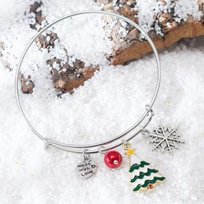 China Lowest Price Cute Adjustable Silver Christmas Tree Santa Claus Charms Bangles Bracelet For Xmas Ornaments for sale