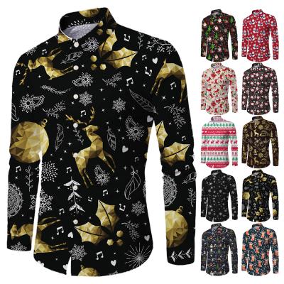 China 2021 New Winter Mens Autumn Shirts Long Sleeve Christmas Print Cute Deer Shirt Fashion Top QUICK DRY Blouse Men Turn Down Collar Snowflakes for sale