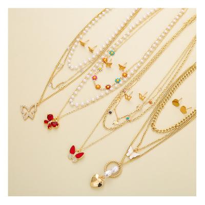 China Romantic Hengyu Original Stainless steel Multi Layer Necklace Butterfly Pendant Girl 40cm-50cm Link Chain Colorful Flower Necklace Set for sale