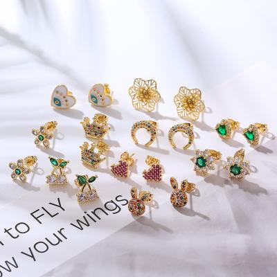 China TRENDY Hengyu Wholesale Original Beautiful Crown Earring Crystal Cute Dog Rabbit Earrings Copper Stud Cheap Earrings for sale