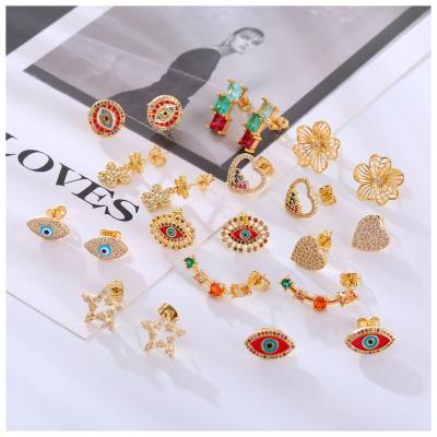 China TRENDY Hengyu Wholesale Original Mexican Rhinestone Earrings Turkish Charm Heart Evil Eye Stud Fashion Copper Stud Earrings For Women for sale