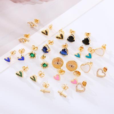 China Hengyu Peach Original Earrings Wholesale FASHIONABLE Heart Diamond Earrings Charming Evil Eye Copper Stud Cross Earrings for sale