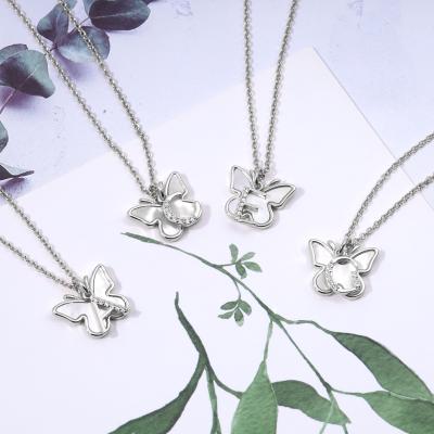 China CLASSIC Custom Rhodium Plated Pendant Necklace Stainless Steel Chain Pearlescent Butterfly Zirconia Initial Letter for sale