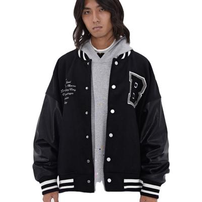 China 2021 reversible autum/winter men's jacket with patch fabric wool embroidered leather sleeve spliced ​​bomber jacket for sale