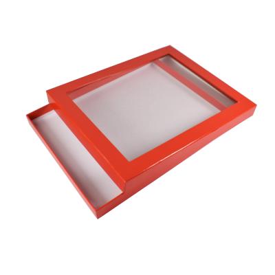 China Recyclable Custom Printing Red Cardboard Gift Box PVC Window Base Lid Cardboard Packaging Box for sale