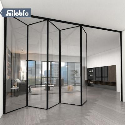 China Bro China Waterproof Smile Study Most Popular Indoor Folding Doors, Black Single Partition Glass Doors, Narrow Frame Throw Aluminum Door for sale