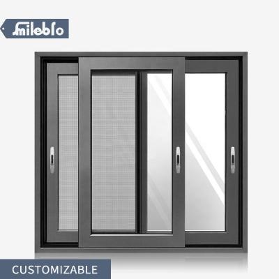 China Bro Gray Aluminum Sliding Windows Simple Pulley Style Magnetic Modern Window Three Track Aluminum Push Window With Mosquito Net for sale