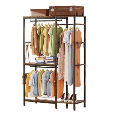 China Adjustable (height) Factory Direct Wooden Metal Simple Wardrobe Doorless Open Cloakroom Rack Iron Art Bedroom Floor Standing Clothes Storage Rack for sale