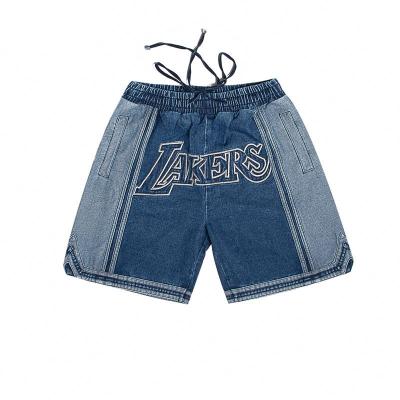 China Custom antibacterial hip hop streetwear retro vintage applique embroidery lattice denim teams basketball shorts for sale