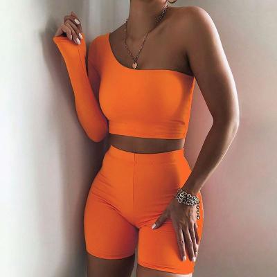 China One Shoulder Women Tracksuit QUICK DRY Two Piece Set Crop Tops Elastic Biker Shorts Sports Matching Suits Clothing Female Equipment C13646 for sale