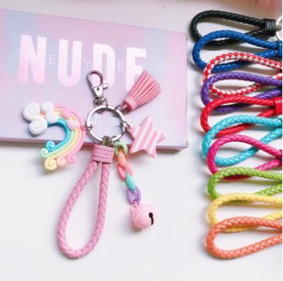 China Cute Braided Tassel Leather Rope Bracelet Key Chain Promotion Gift Rainbow Key Chain Charms Pendant For Women for sale