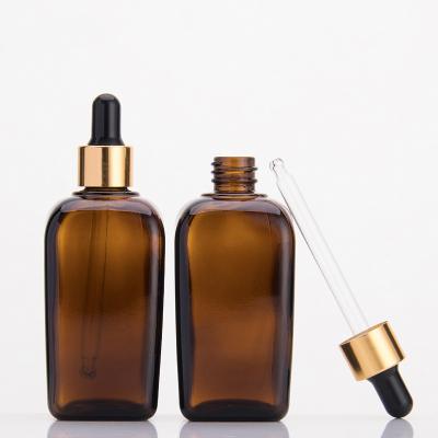 China For Essential Oil Use 50ML 100ML Square Luxury Cosmetic Packaging Square High Quality Amber Glass Bottle for sale