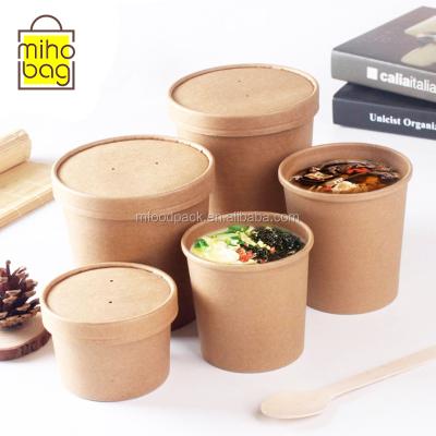 China Custom Single Wall Paper Soup Cups with Paper Lids Brown Paper Soup Bowl and Disposable Wrapping Paper Soup Cups for sale