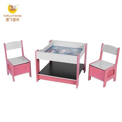 China E1/P2 MDF Board Toffee and Friends Wooden Functional Kids Play Table Chairs Set with Storage Space for sale