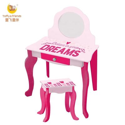 China Toffee and MDF Board Friends Wooden Child Dressing Table Stool Set with Drawer and Mirror Pink for Girl for sale