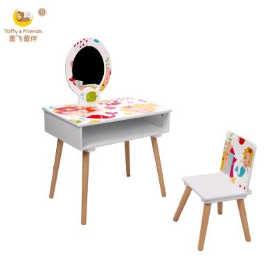 China White Toffee Kids Girl Wooden Dressing Table Chairs Set & MDF Board Friends With Storage for sale