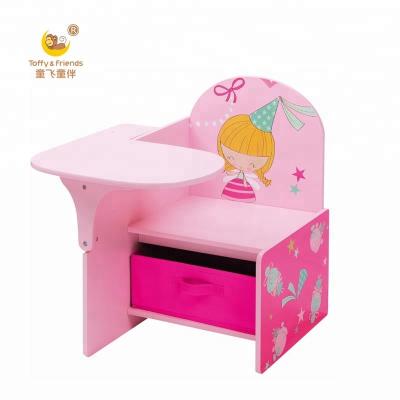 China PANELS Caramel and Friends Toddler 2 in 1 Kids Wooden Chair Desk Combination with Cloth Storage Bin Study Table Chair for Kids for sale