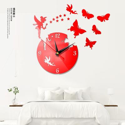 China Antique Style Customized Round 3D Retro Acrylic Angel Butterfly Decorative Home Wall Clock for sale