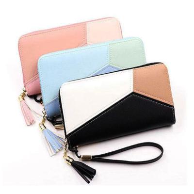 China Fashion Lady PU Leather Color Blocking Multi-Function Wrist Clutch Purse Fashion Tassel Zipper Phone Case Bifold Wallet for sale