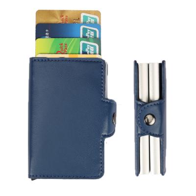 China Large Capacity Minimalist Double Layer RFID Blocking Pocket Card Holder Aluminum Leather Wallet for sale