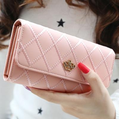 China Ladies Fashion Triple Wallet Long Coin Bank Multifunctional Rhombic Leather Card Holder Purse With Crown Decor for sale