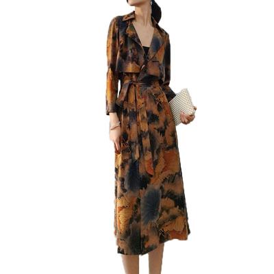 China Breathable Casual Light Weight Printed Silk Lapel Jacket Long Dress Thin Gap Overcoat With Belt Women Long Gap Coat for sale