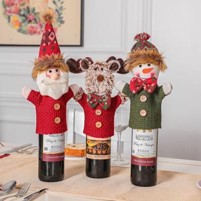 China Dining Room Wool Decoration Home Yarn Fabric Imitation Knitted Layout Supplies Santa Claus Snowman Elk Wine Bottle Cover for sale