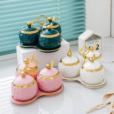 China Stocked Ceramic Condiment Jar Kitchen Condiment Container Salt Sugar Pot Household Set for sale