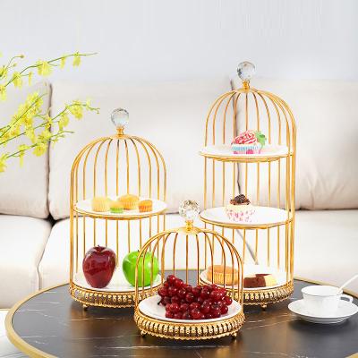 China Ceramic Disposable Birdcage and Wedding Iron Display Setting Gold and Silver Dessert Cake Stand for sale