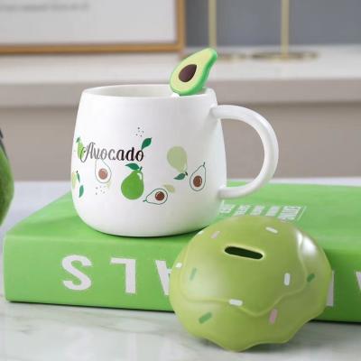 China Viable Cute Avocado Creative Ceramic Mug With Lid Mark Student Couples Breakfast Cup Home Coffee Mug for sale