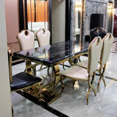 China Modern Home Marble Rush Furniture Metal Stainless Steel Dining Room Table Finished In Polish Gold for sale