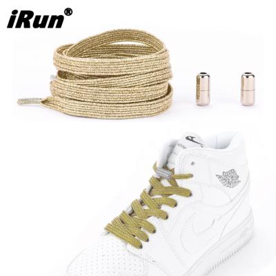 China Round Irun Fashion Shiny Colors Metallic Gold Laces No Tie Elastic Easy Tie Free Elastic Shoe Lace With Metal Cap Screw Lock for sale